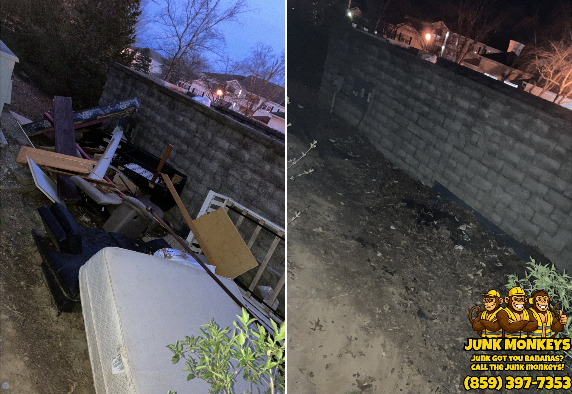 Before and after comparison of junk removal service showing cluttered driveway cleared of debris and trash items