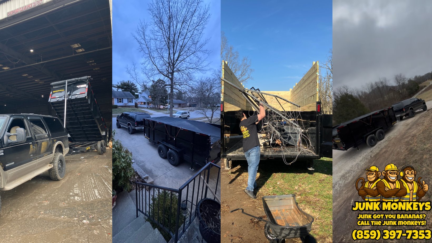 Collage of Junk Monkeys junk removal services showing vehicle, snow-covered truck, heavy equipment, and debris hauling with company logo