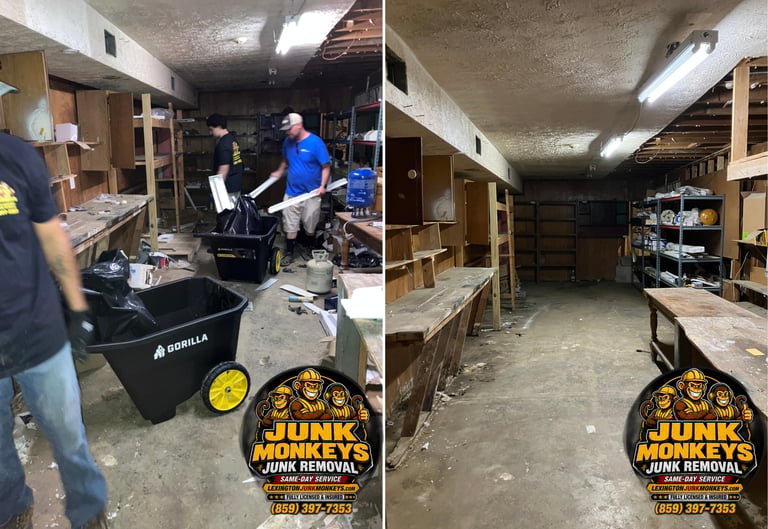 Before and after comparison of a cluttered basement being cleared during a junk removal service