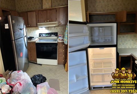 Before and after junk removal from a kitchen, showing cluttered appliances on the left and empty refrigerators on the right