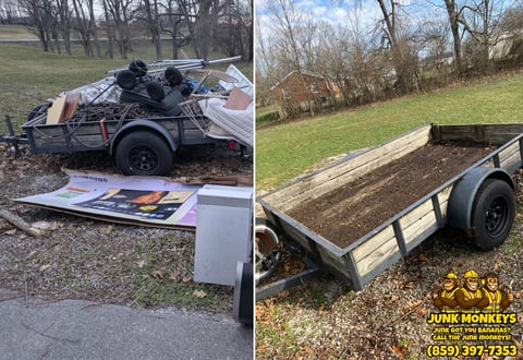 Before and after comparison of a utility trailer loaded with junk on left, and empty cleaned trailer on right with Junk Monkeys logo