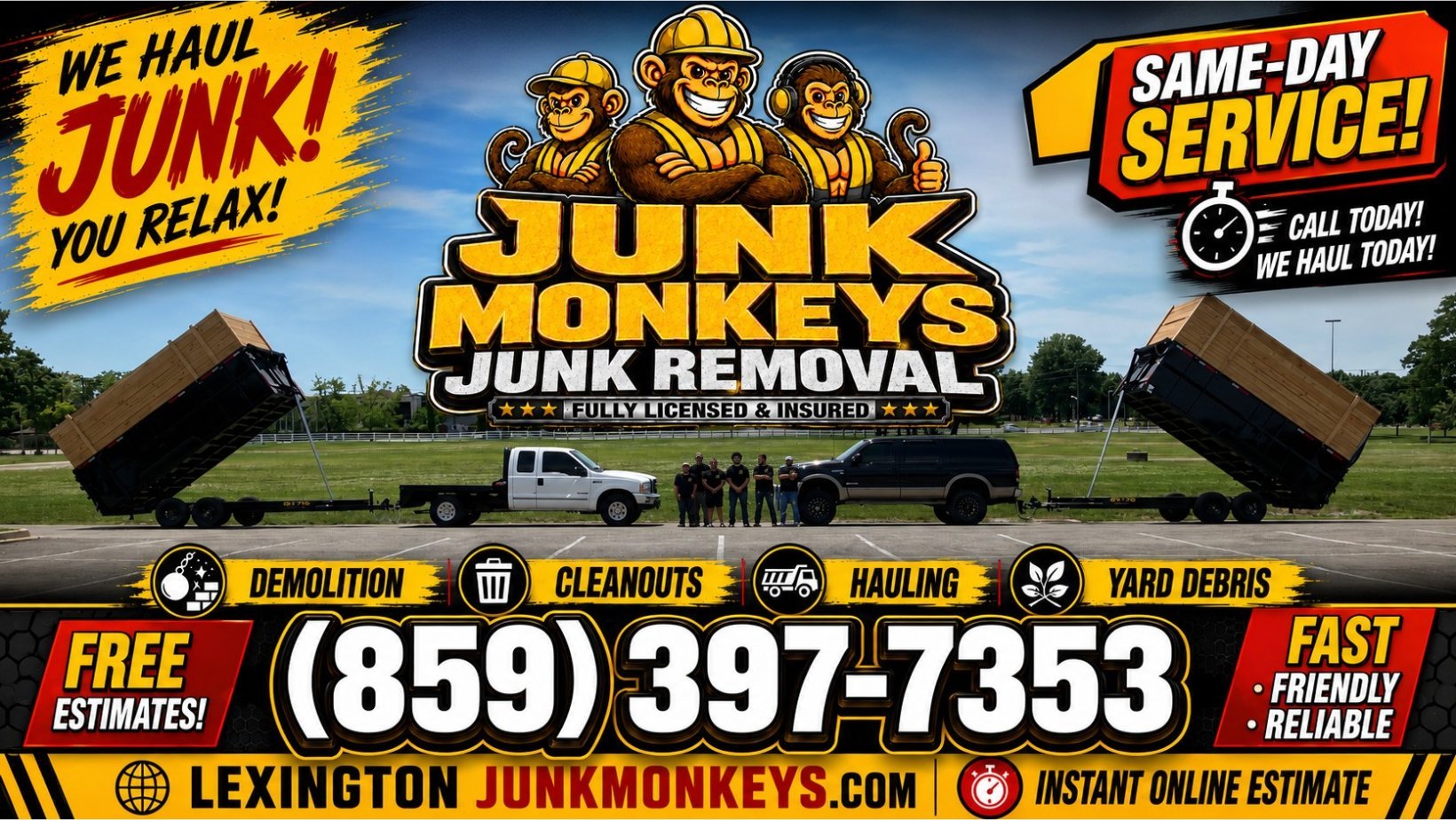 Junk Monkeys junk removal service advertisement with phone number (859) 397-7353 and dumpster trucks logo