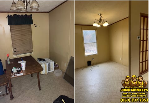 Before and after comparison of an empty room renovation, showing cluttered space with furniture on left and clean, cleared room on right