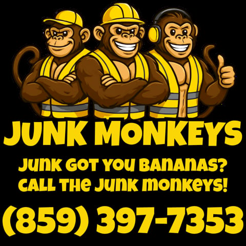 Three cartoon monkeys in construction gear and yellow hard hats flexing muscles with Junk Monkeys junk removal service advertisement and phone number
