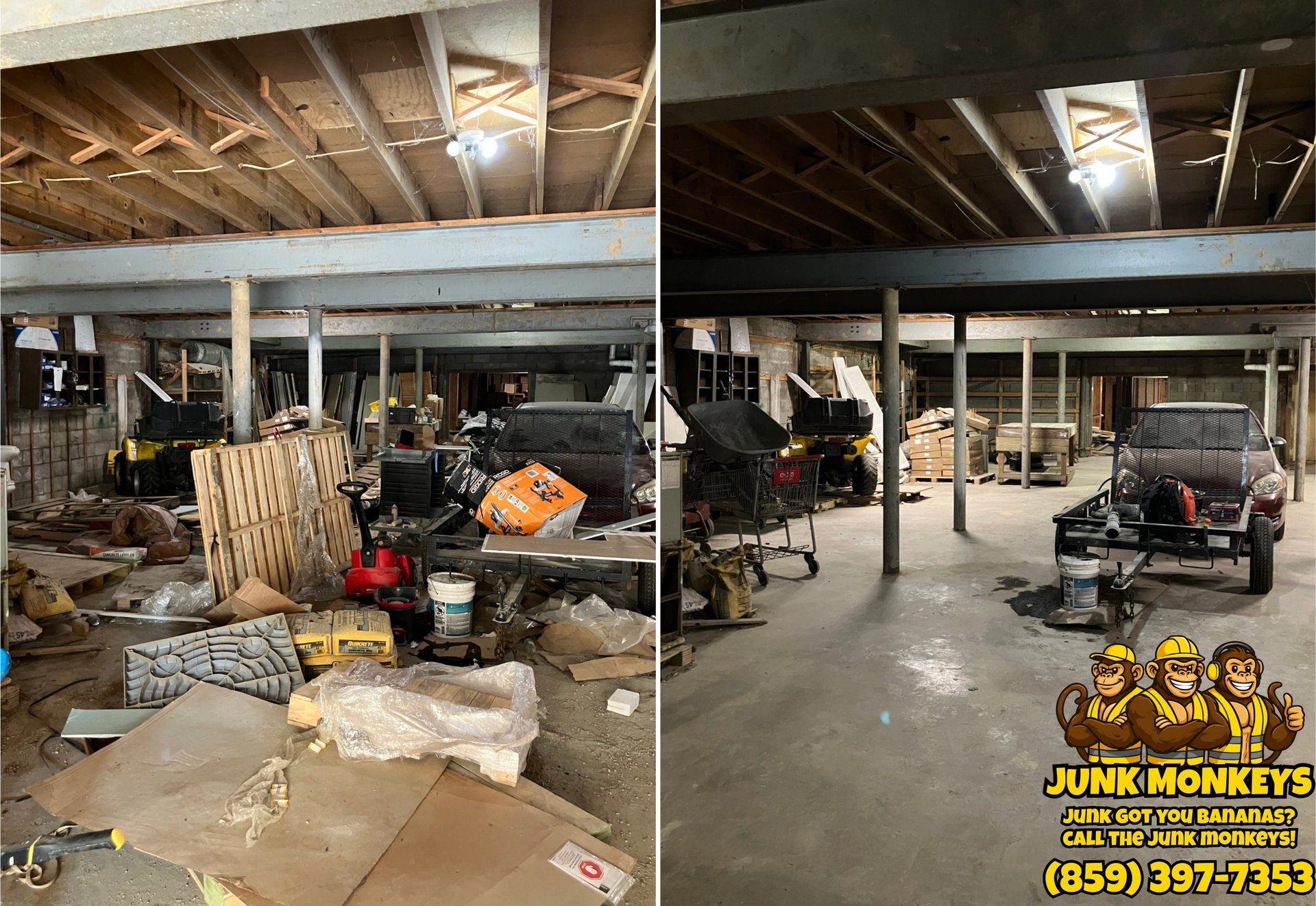 Before and after comparison of junk removal service cleaning a garage space with debris on left, empty clean floor on right